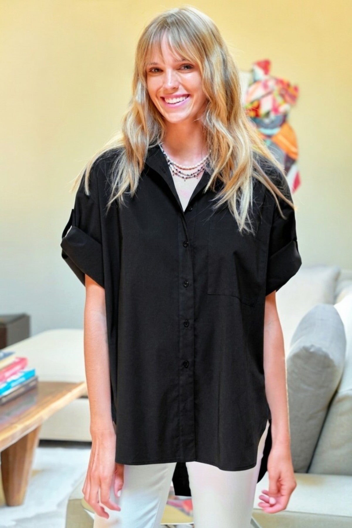 Big Time Oversized Boyfriend Shirt, Black Silky Poplin
