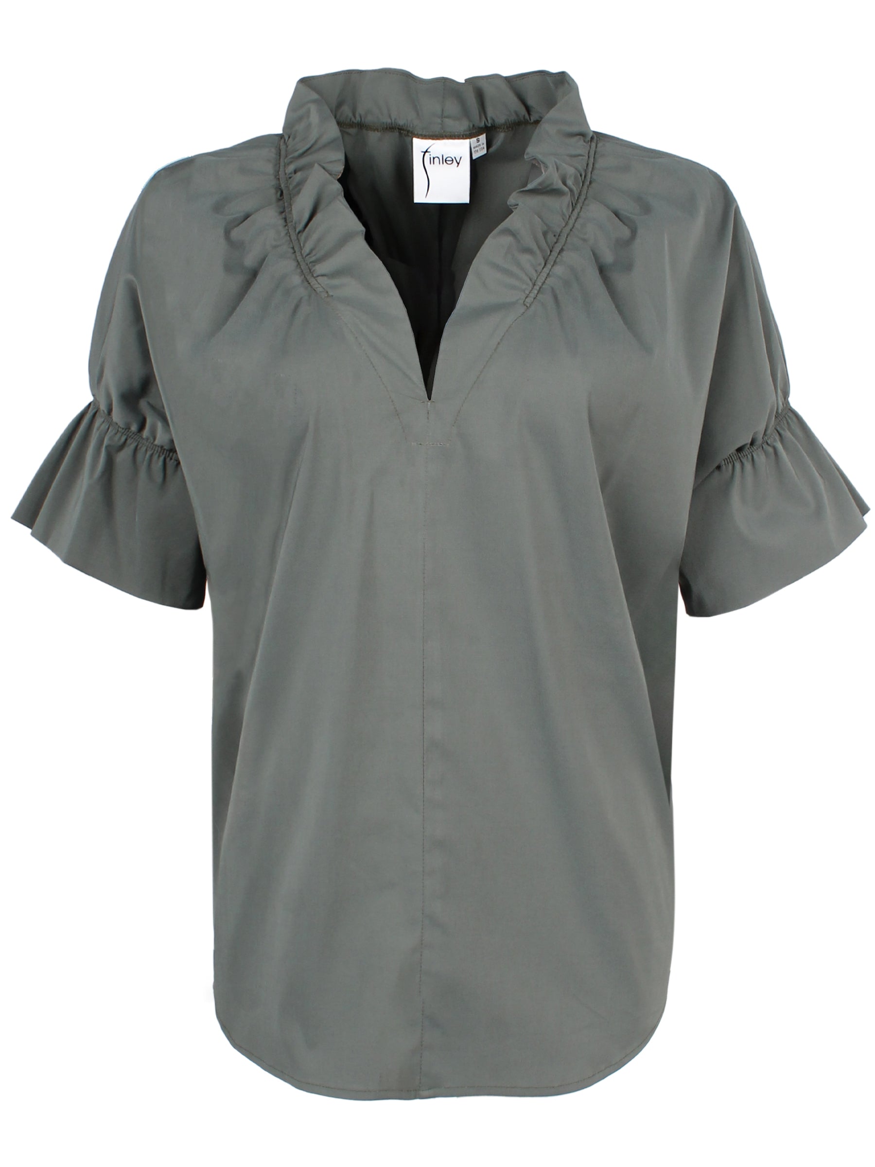 A front view of the Finley Crosby blouse, a short sleeve olive poplin blouse with ruffle collar and sleeve detailing.