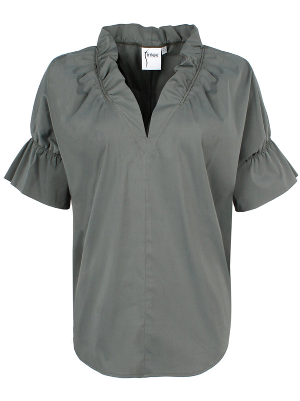 A front view of the Finley Crosby blouse, a short sleeve olive poplin blouse with ruffle collar and sleeve detailing.