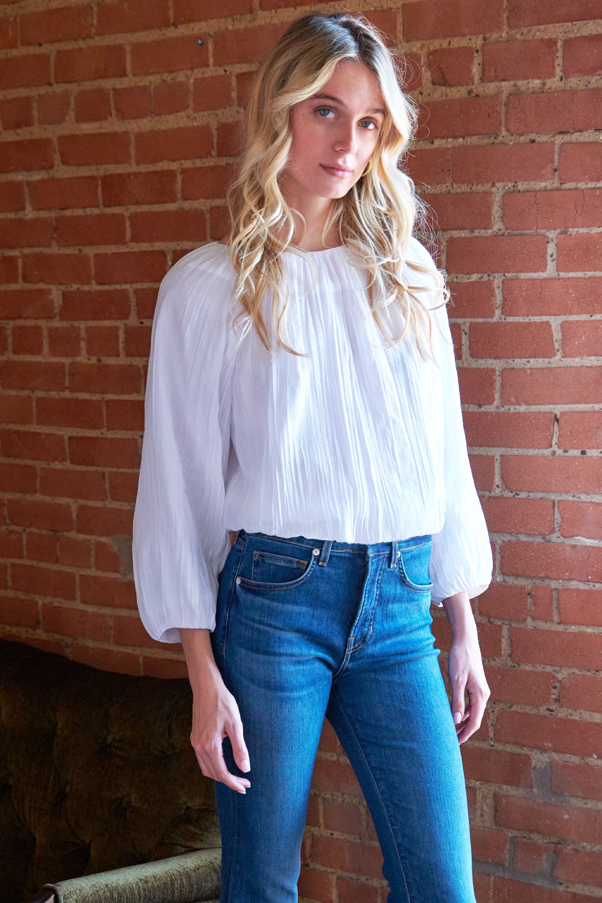 Cameron Blouson Sleeve Top, White Vertical Crush