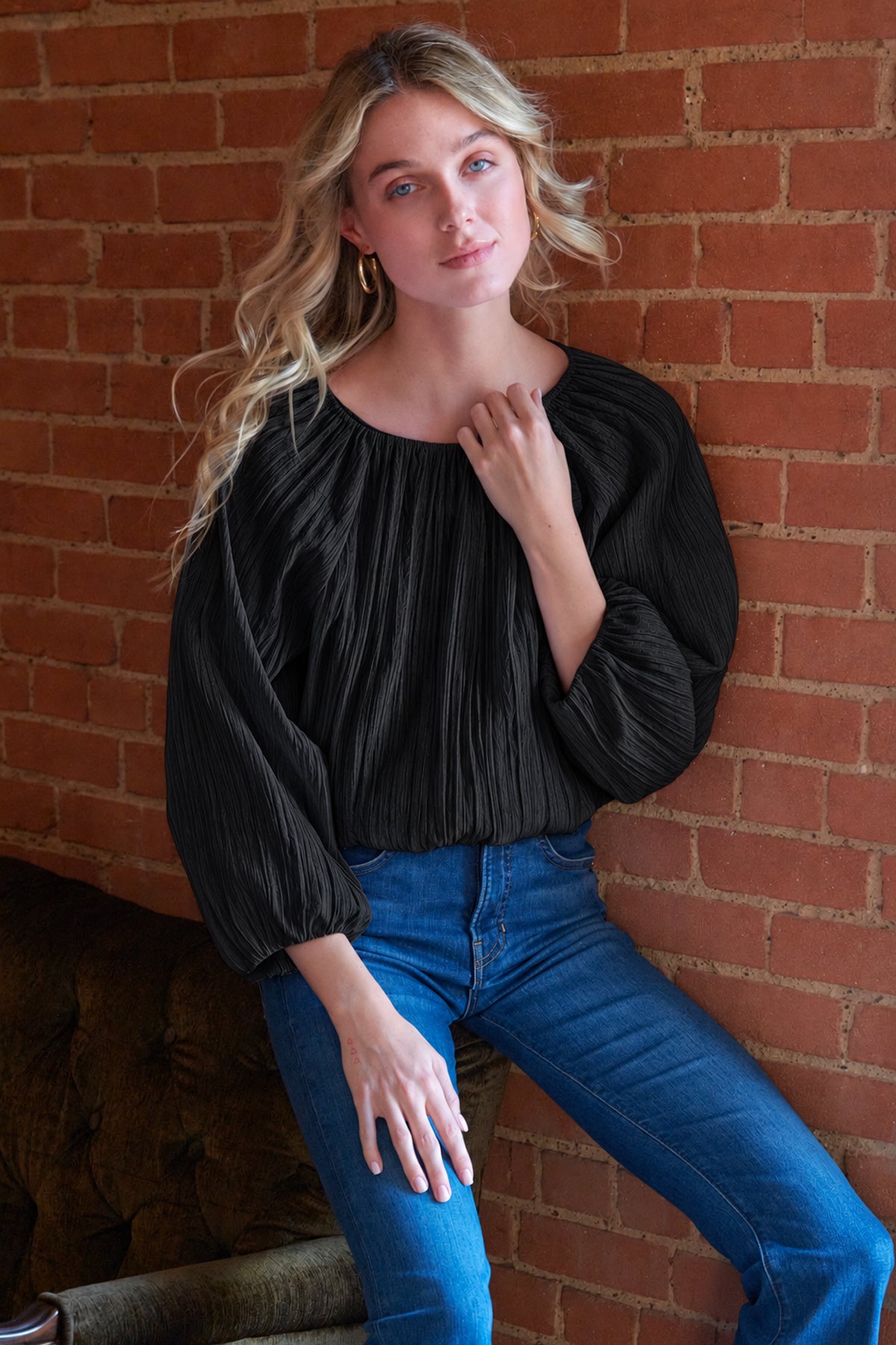 Cameron Blouson Sleeve Top, Black Vertical Crush