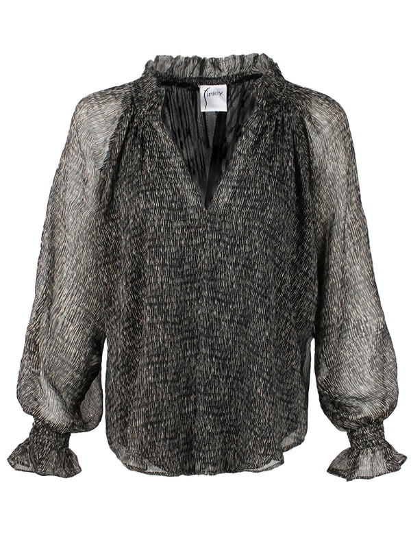 A front view of the Finley Candace blouse, a black chiffon puff sleeve popover ruffle blouse with an abstract pixel pattern.