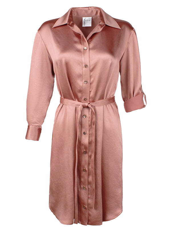 A front view of the Finley Carter dress, a midi tie front rose gold satin button down shirt dress with 3/4 sleeves and a spread collar.