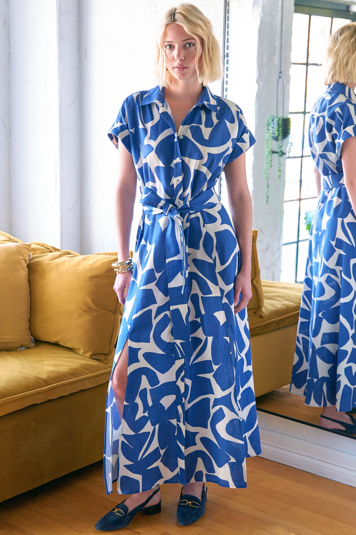Chantal Shirt Dress, Blue/Natural Puzzle Print