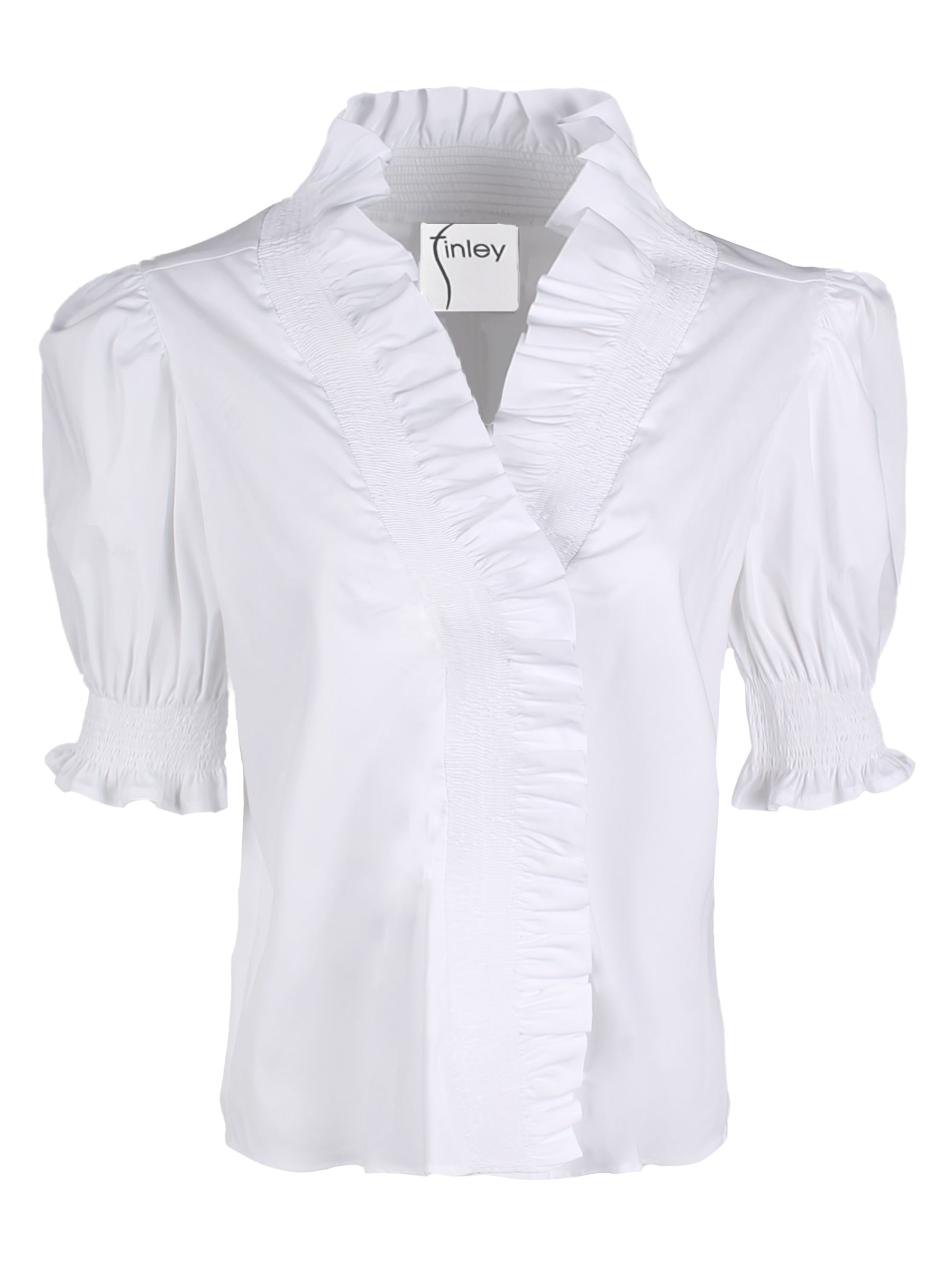A model wearing the Finley Cici blouse, a white poplin women's blouse with ruffled puff sleeves and smocked details.
