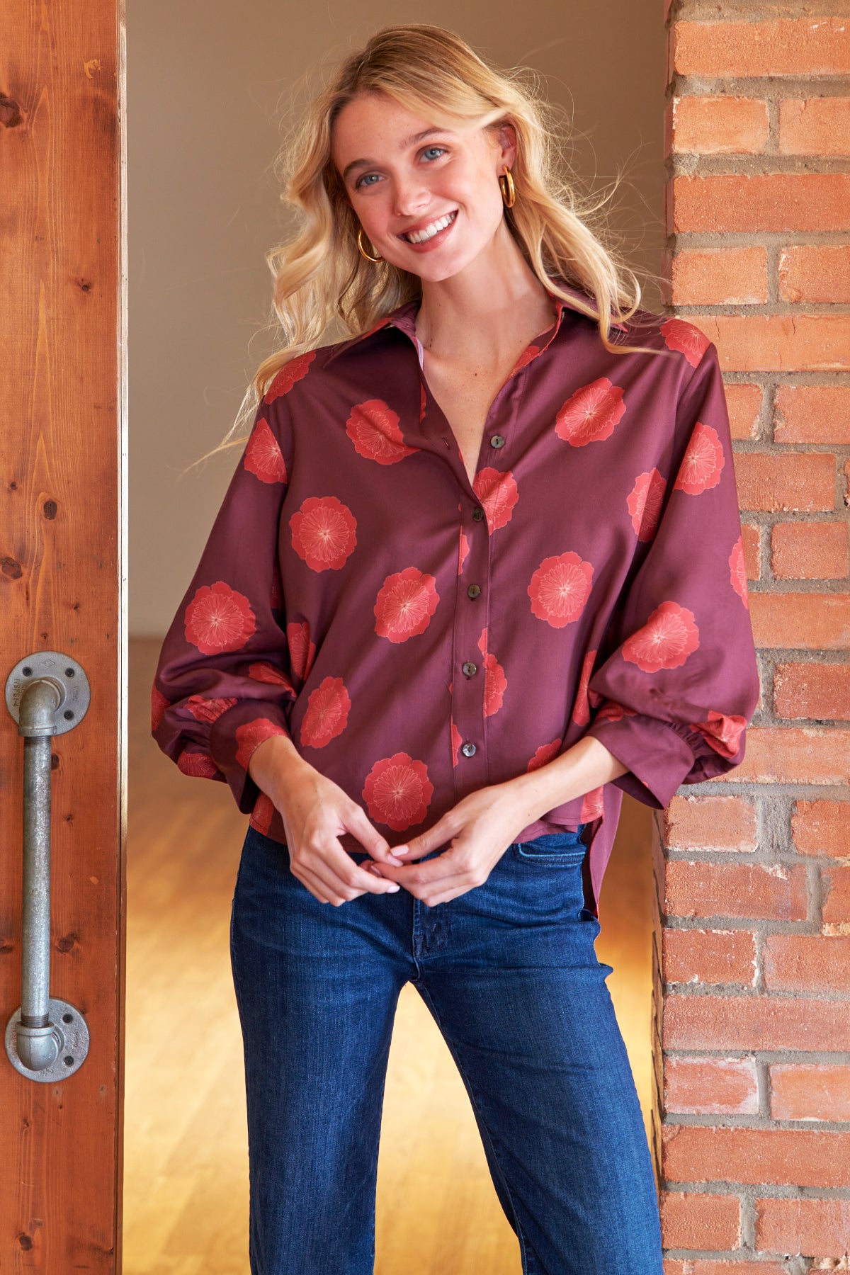 Cora 3/4 Sleeve Blouse, Wine Medallion Print