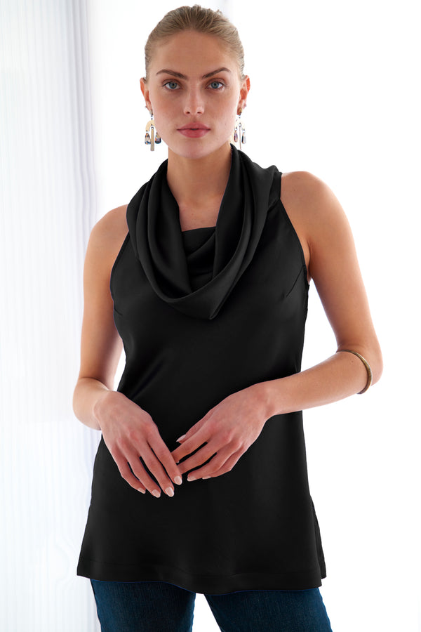 Sleeveless Cowl Top Black Hammered Satin