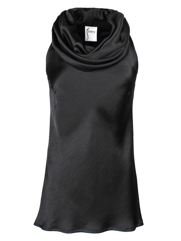Sleeveless Cowl Top Black Hammered Satin