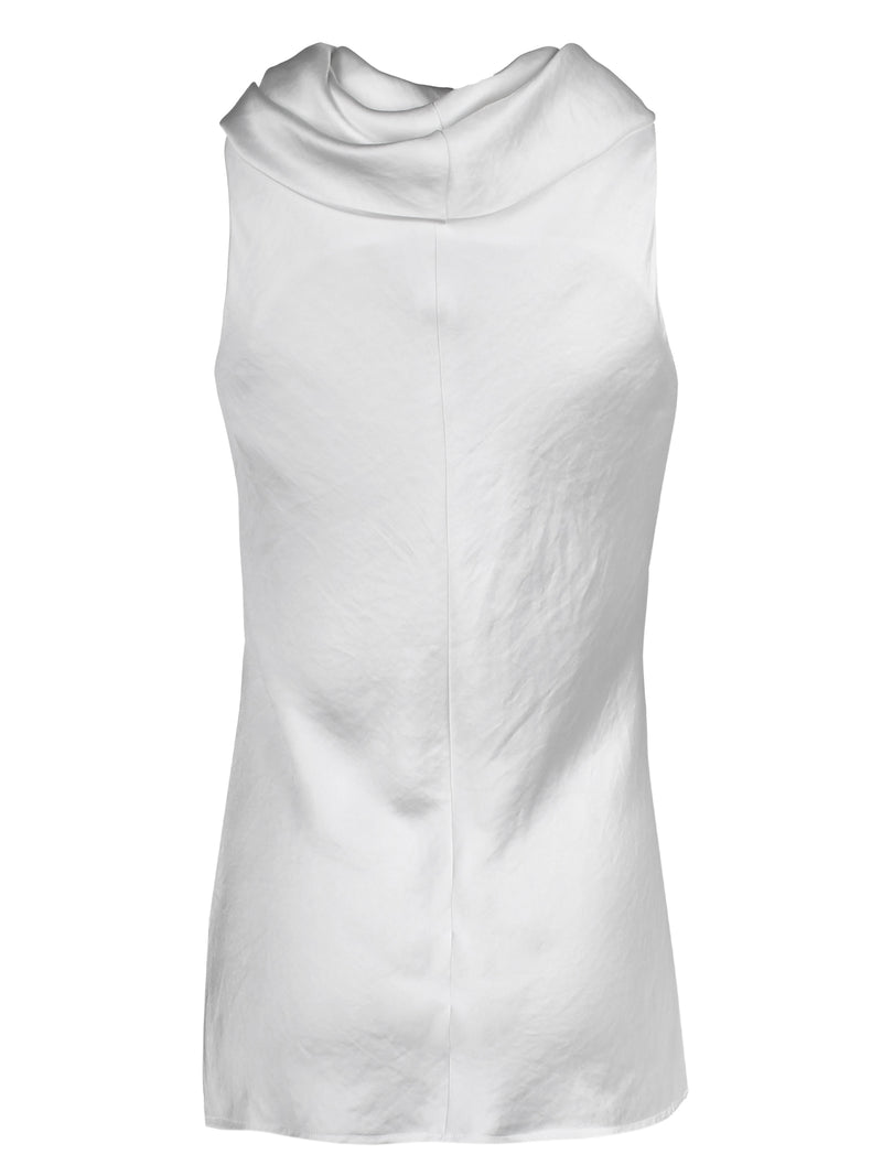 A rear view of the Finley cowl, a sleeveless ivory white satin pullover shirt dress with a relaxed fit and a cowl neckline.