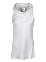 A front view of the Finley cowl, a sleeveless ivory white satin pullover shirt dress with a relaxed fit and a cowl neckline.