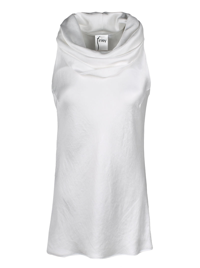 A front view of the Finley cowl, a sleeveless ivory white satin pullover shirt dress with a relaxed fit and a cowl neckline.