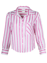 A front view of the Finley Andie blouse, a pink & white striped linen top with a cropped hem and a relaxed shape.