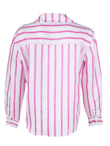 A rear view of the Finley Andie blouse, a pink & white striped linen top with a cropped hem and a relaxed shape.