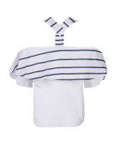 A rear view of the Finley Cascade blouse, a white popover flounce top with elbow length sleeves and embroidered navy blue stripes.