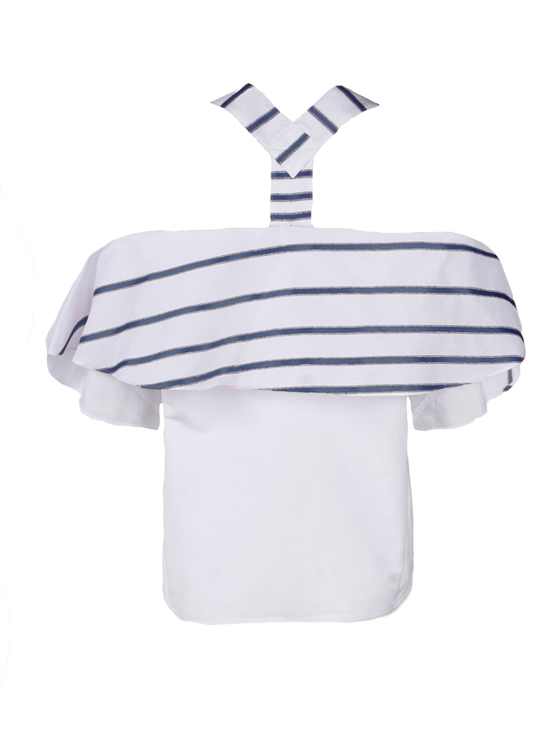 A rear view of the Finley Cascade blouse, a white popover flounce top with elbow length sleeves and embroidered navy blue stripes.