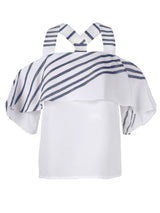 A front view of the Finley Cascade blouse, a white popover flounce top with elbow length sleeves and embroidered navy blue stripes.