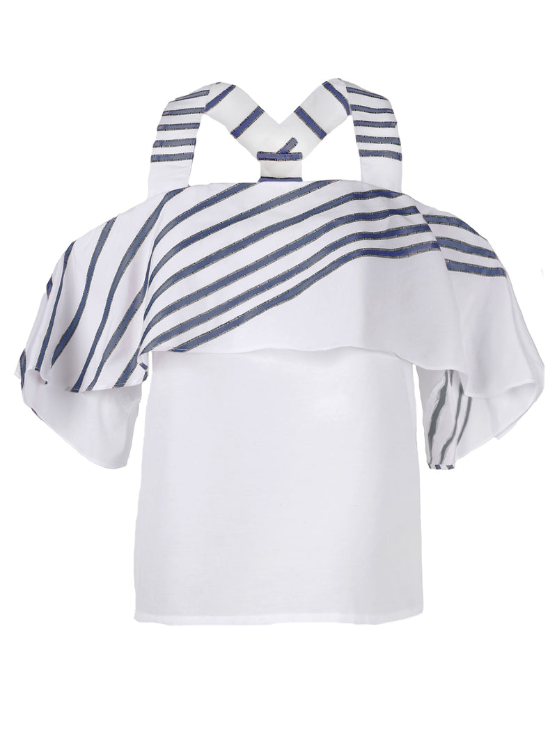 A front view of the Finley Cascade blouse, a white popover flounce top with elbow length sleeves and embroidered navy blue stripes.
