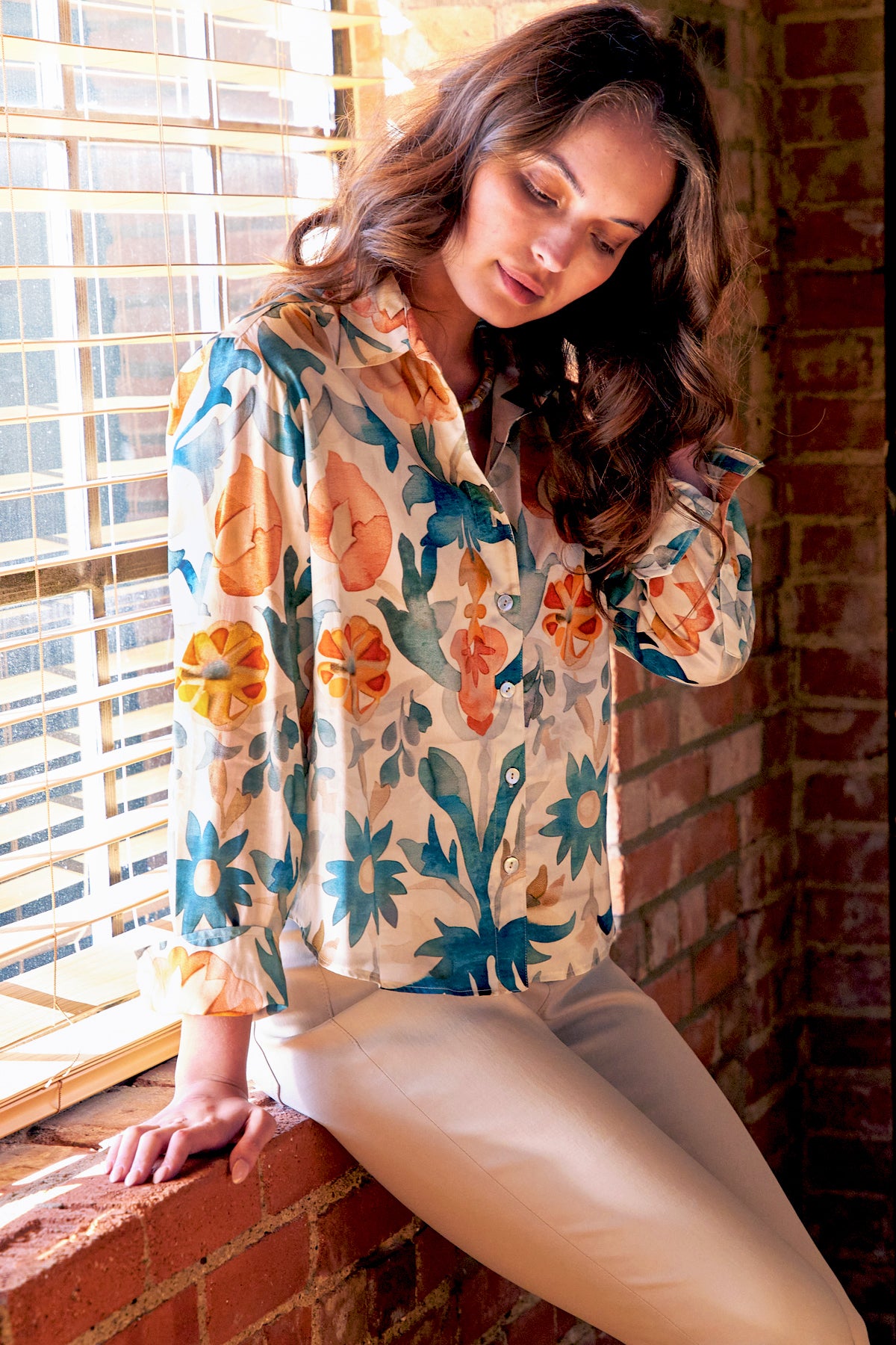 Andie Cropped Button-Down Shirt, Terra Floral Print