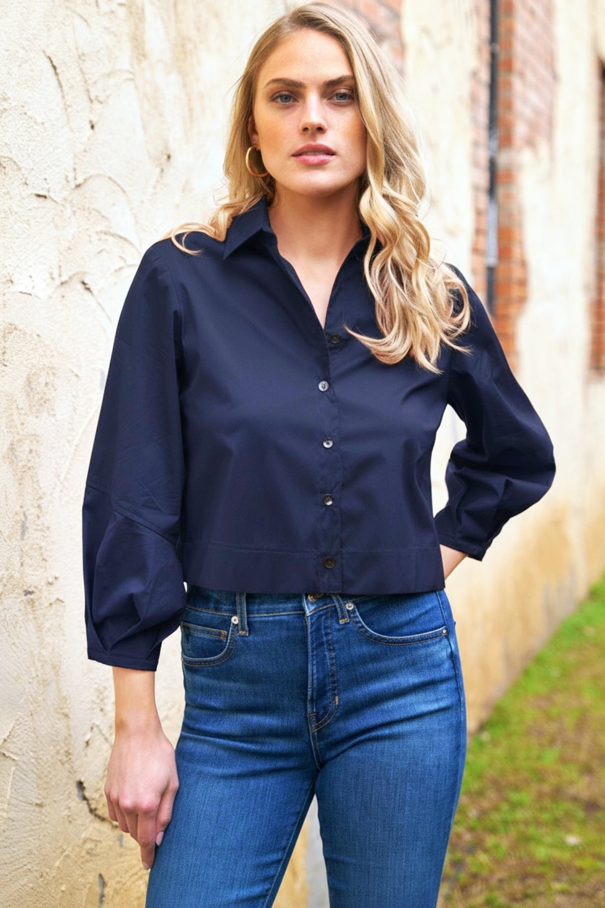 Emmy, Pleated Cuff Cropped Poplin Shirt, Navy Blue Silky Poplin