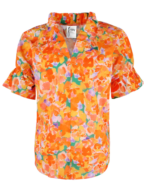 A front view of the Finley Crosby blouse, a short puff sleeve blouse with an orange floral print and a relaxed contour.