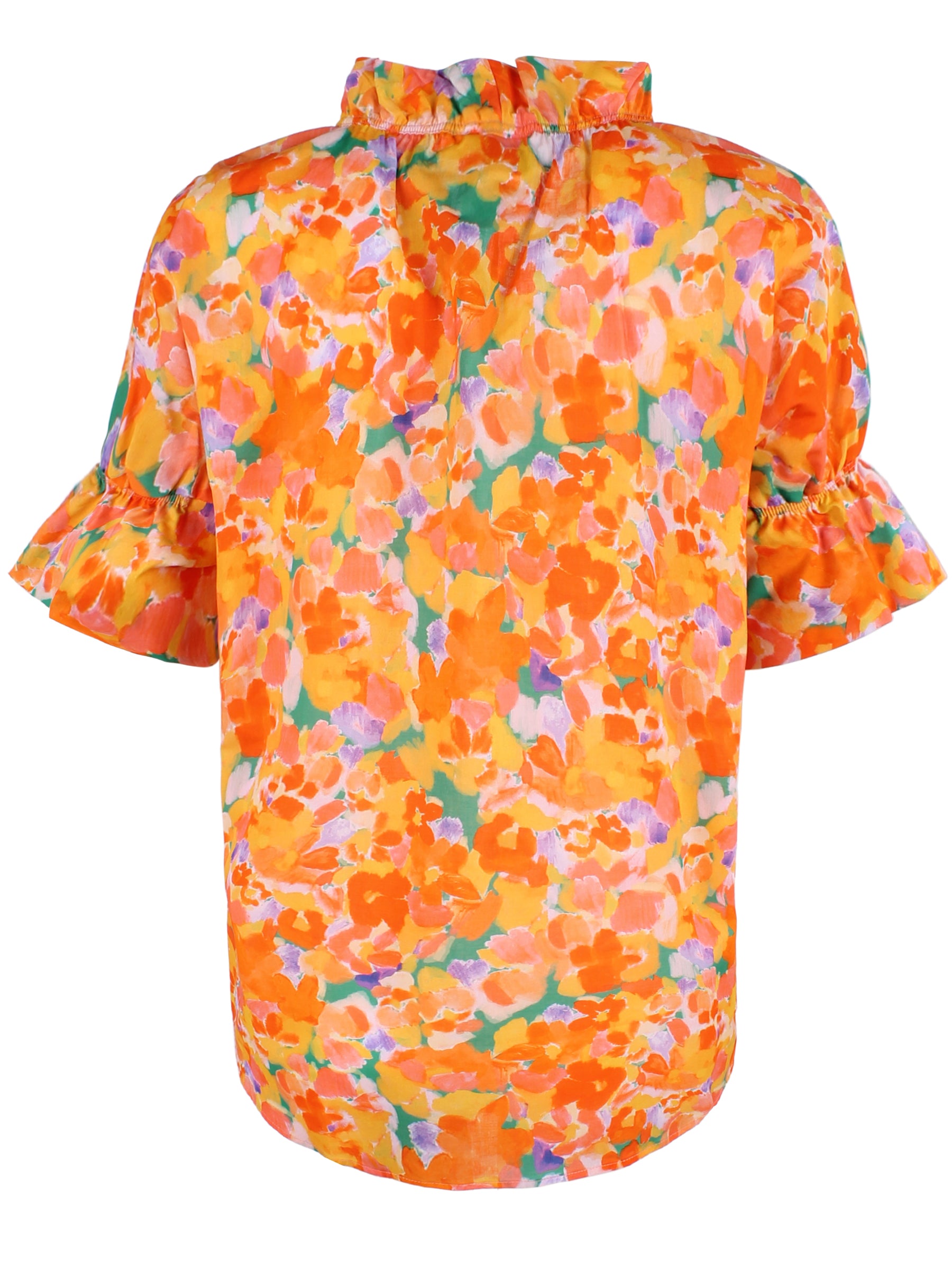 A front view of the Finley Crosby blouse, a short puff sleeve blouse with an orange floral print and a relaxed contour.