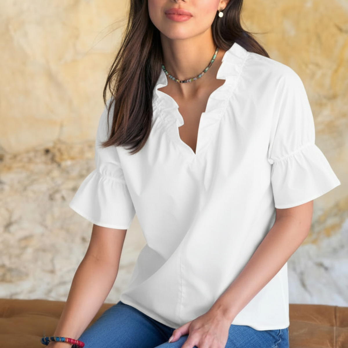Crosby | Short Sleeve White Poplin Blouse with Ruffle Detail | Finley
