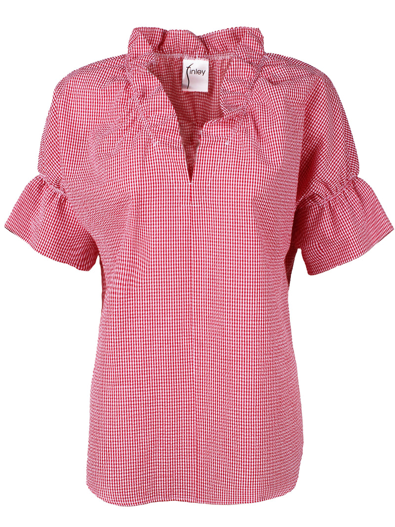 A front view of the Finley Crosby blouse, a popover ruffle collar puff sleeve designer blouse with a red seersucker print.