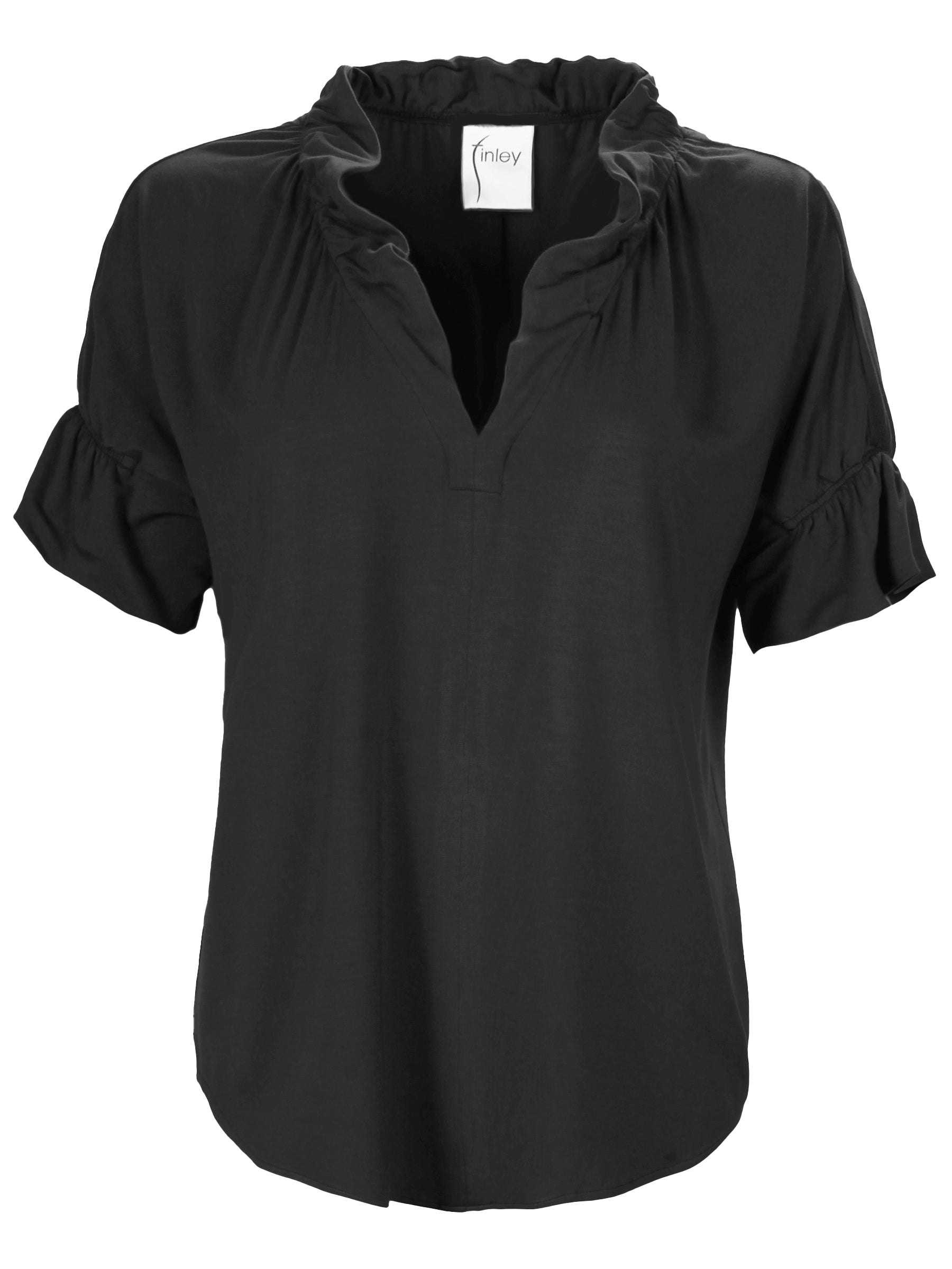 Front view of Finley Crosby super-stretch top with ruffle neckline, V neck, short bell sleeves. Runs large.
