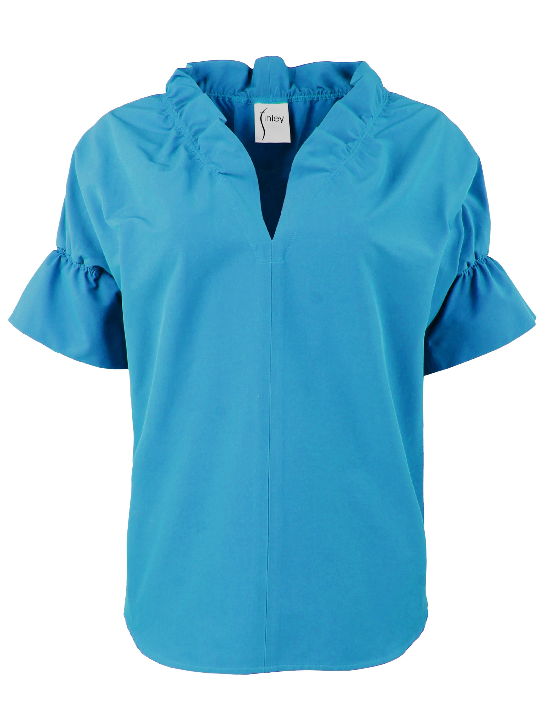 A front view of the Crosby blouse in turquoise, showcasing its chic popover style and relaxed fit.
