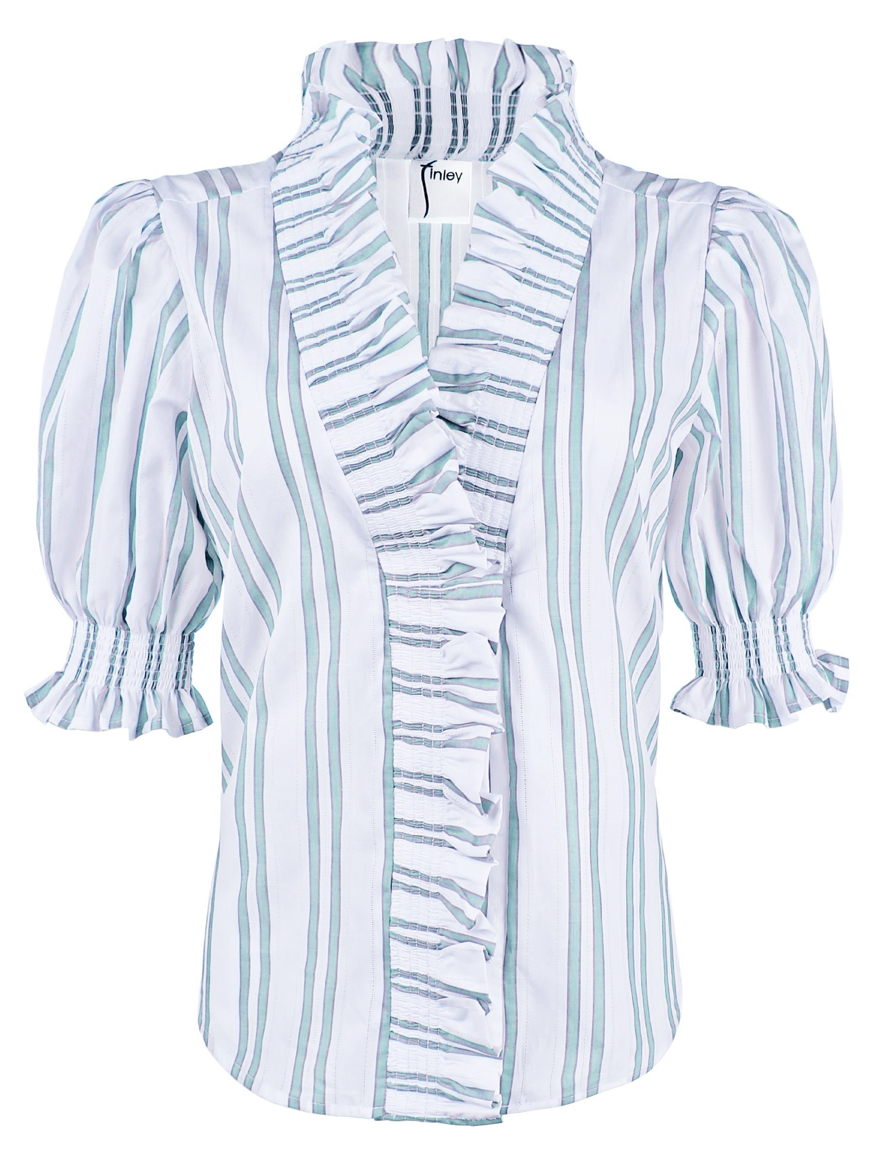 Cici Aqua Drop Needle Blue Striped Ruffle Shirt