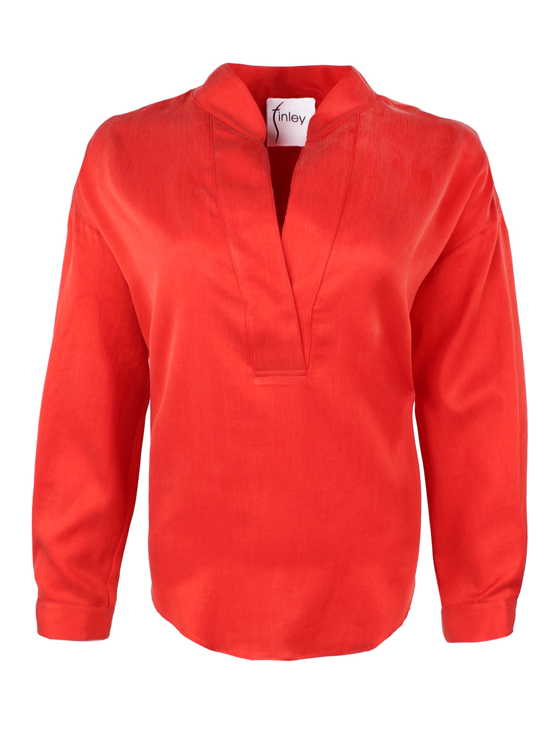 A front view of the Elsa shirt with a v-neckline, relaxed shape, drop shoulders, and cream cupro cotton.
