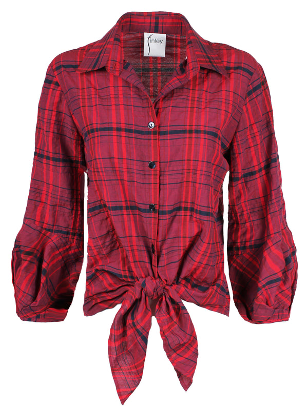 A front view of the Finley Emmy shirt, a red and purple plaid tie front button down women's blouse with a pleated cuff and a relaxed fit.