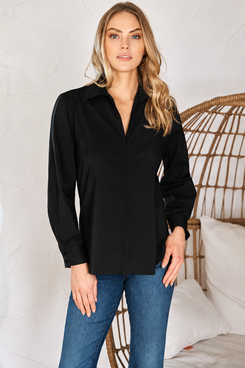 Endora | Half Zip Long Sleeve Tailored Black Poplin Shirt | Finley