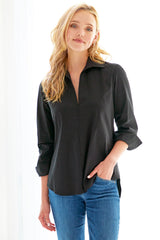 A front view of the Finley Endora shirt, a half-zip 100% cotton sateen stretch poplin pullover blouse in navy
