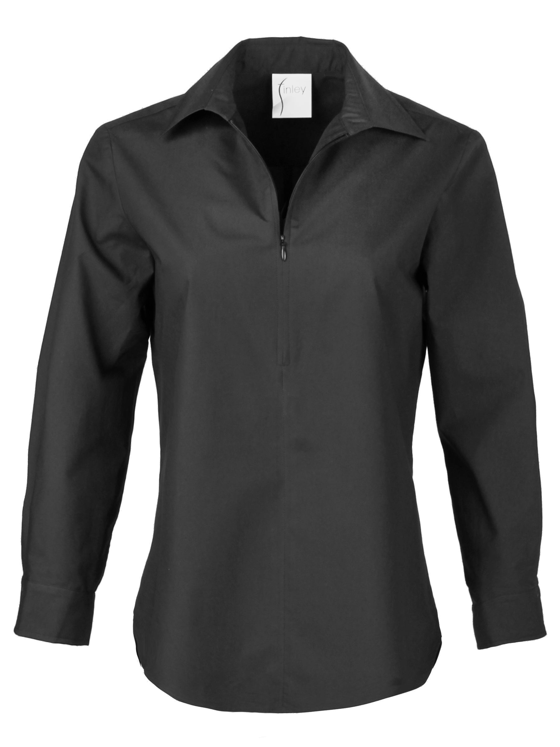 Endora Long Sleeve Half Zip Tailored Black Poplin Shirt