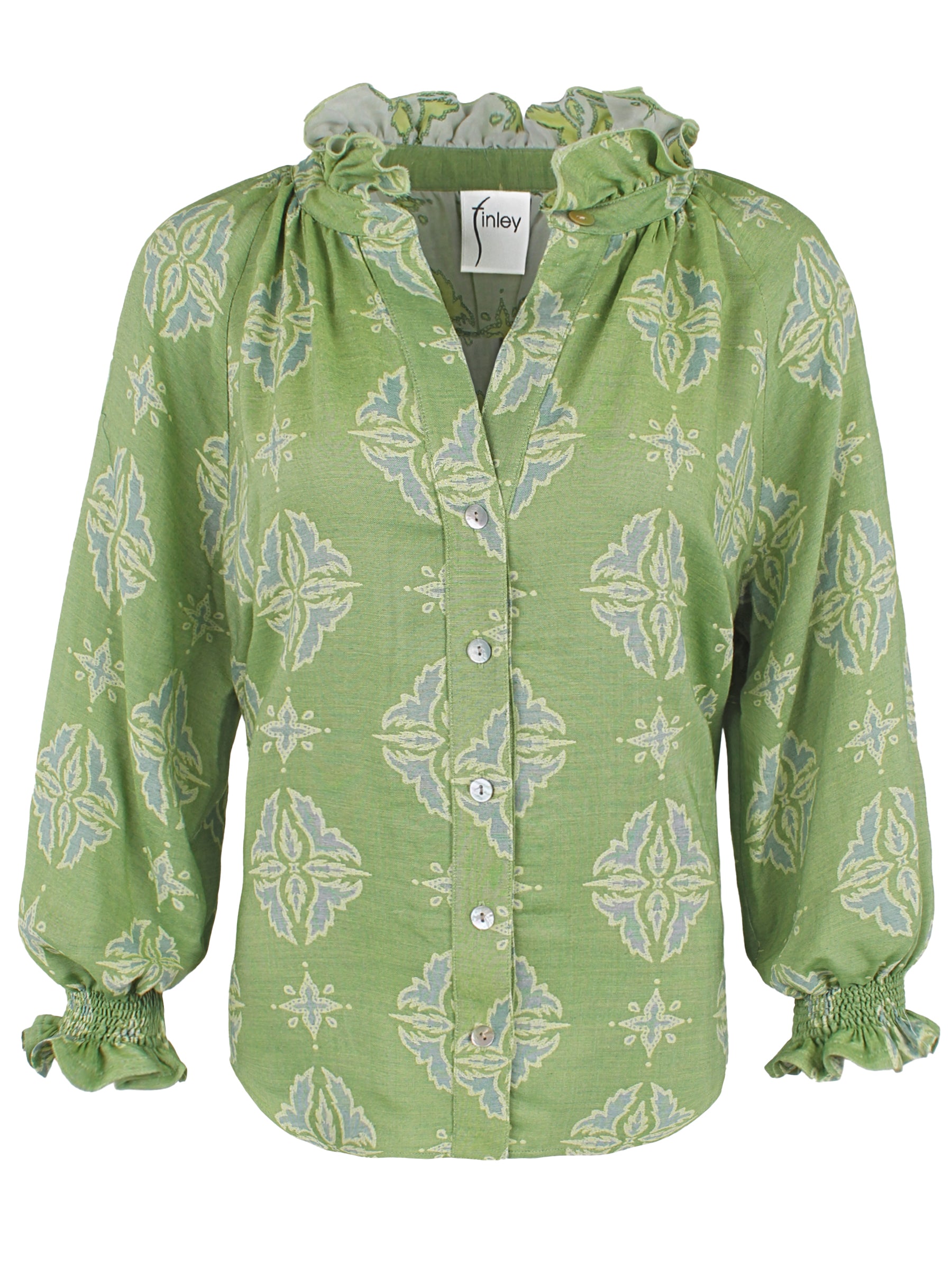 Front view of Finley Fiona green and yellow jacquard shirt with ruffle trim neckline and 3/4 raglan blouson sleeves.
