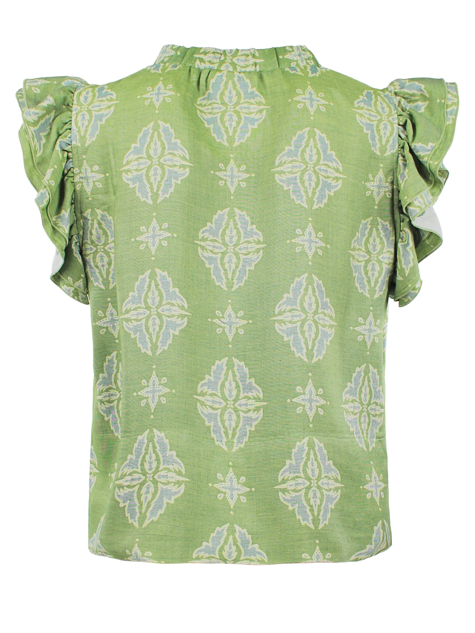 Back view of Finley Remy green and yellow jacquard popover blouse in a boxy fit. Jacquard texture.