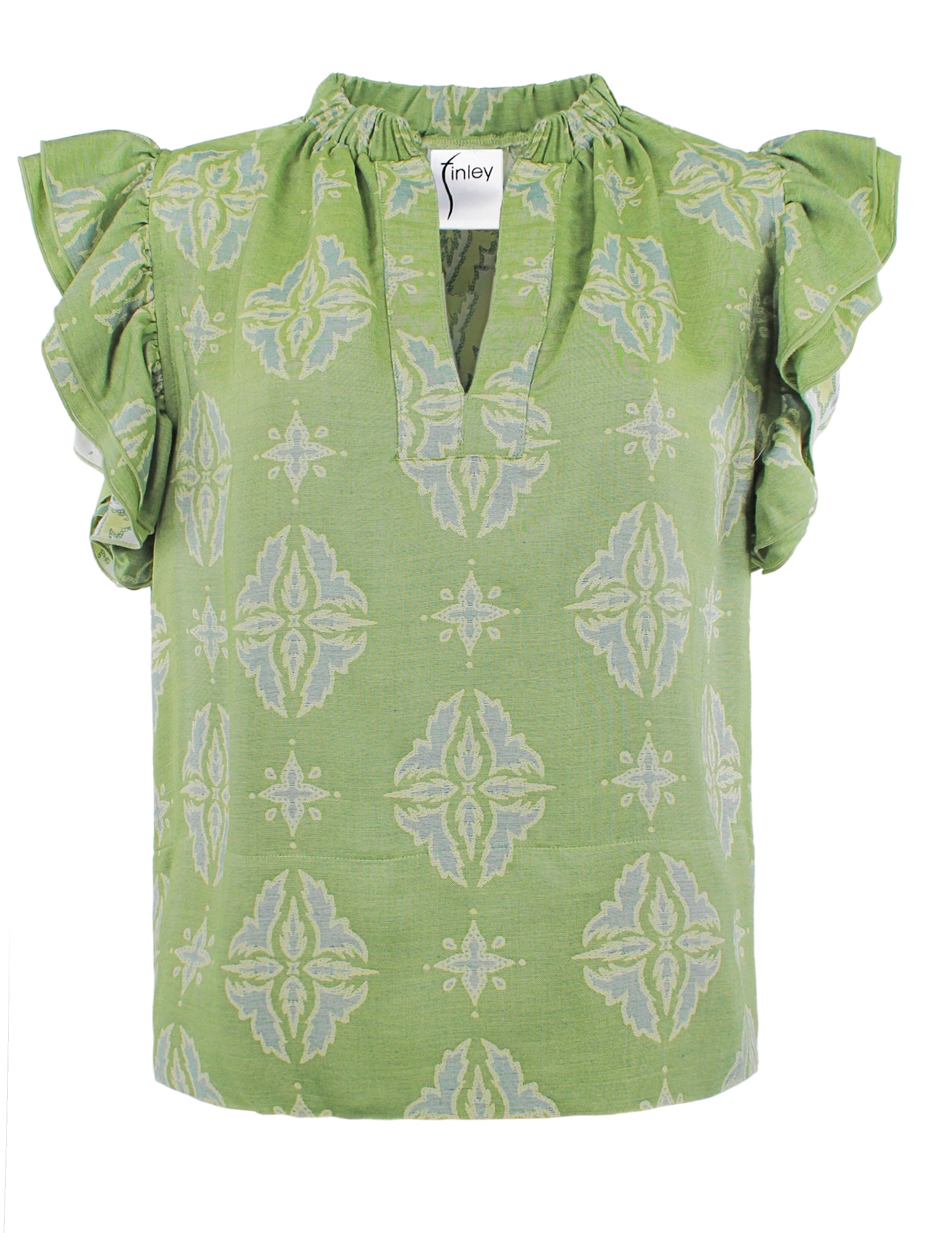 Front view of Finley Remy green and yellow jacquard popover blouse with V neckline and short ruffle sleeves. Pullover style.
