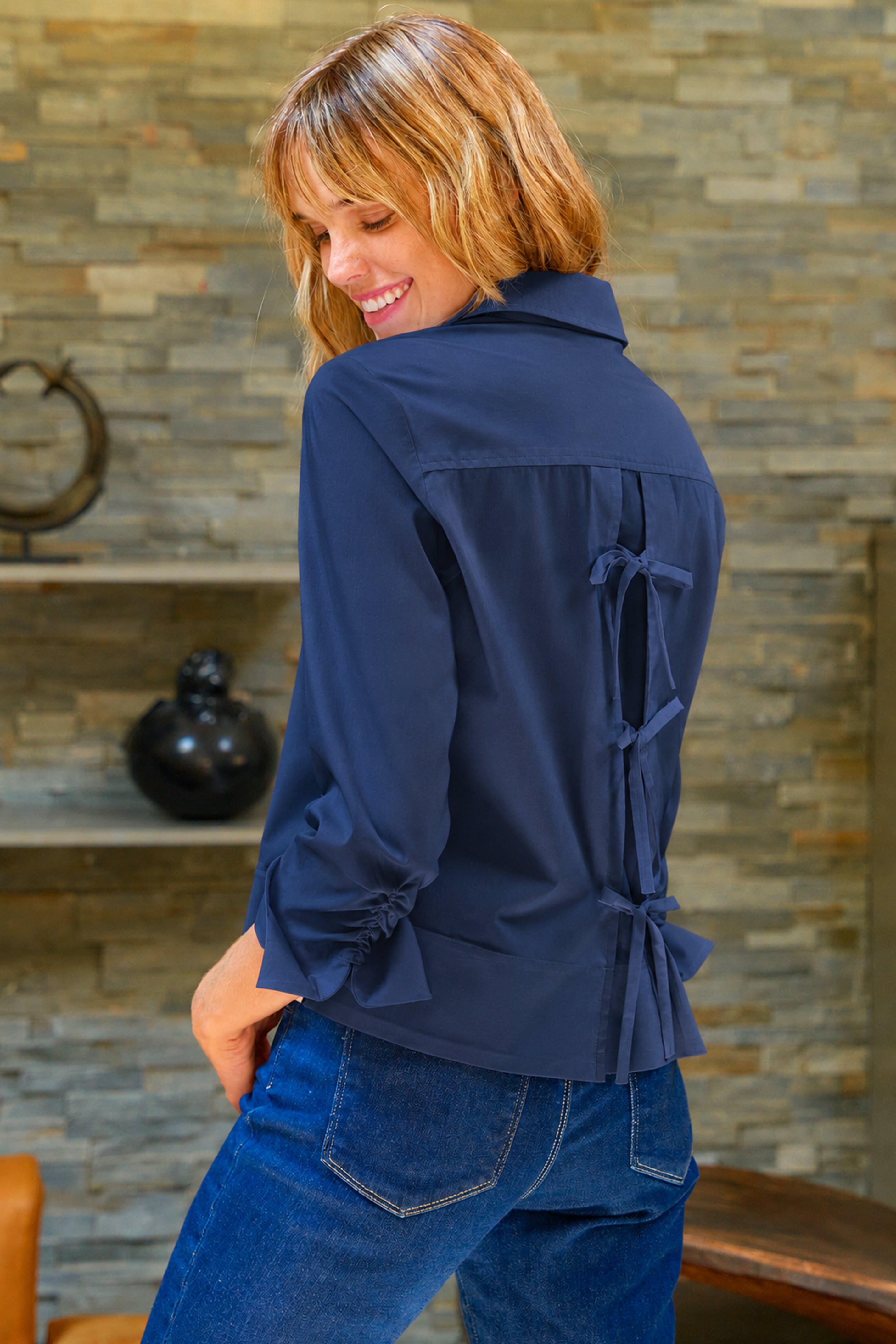 Eugenie Bow Back Shirt Navy Silky Poplin