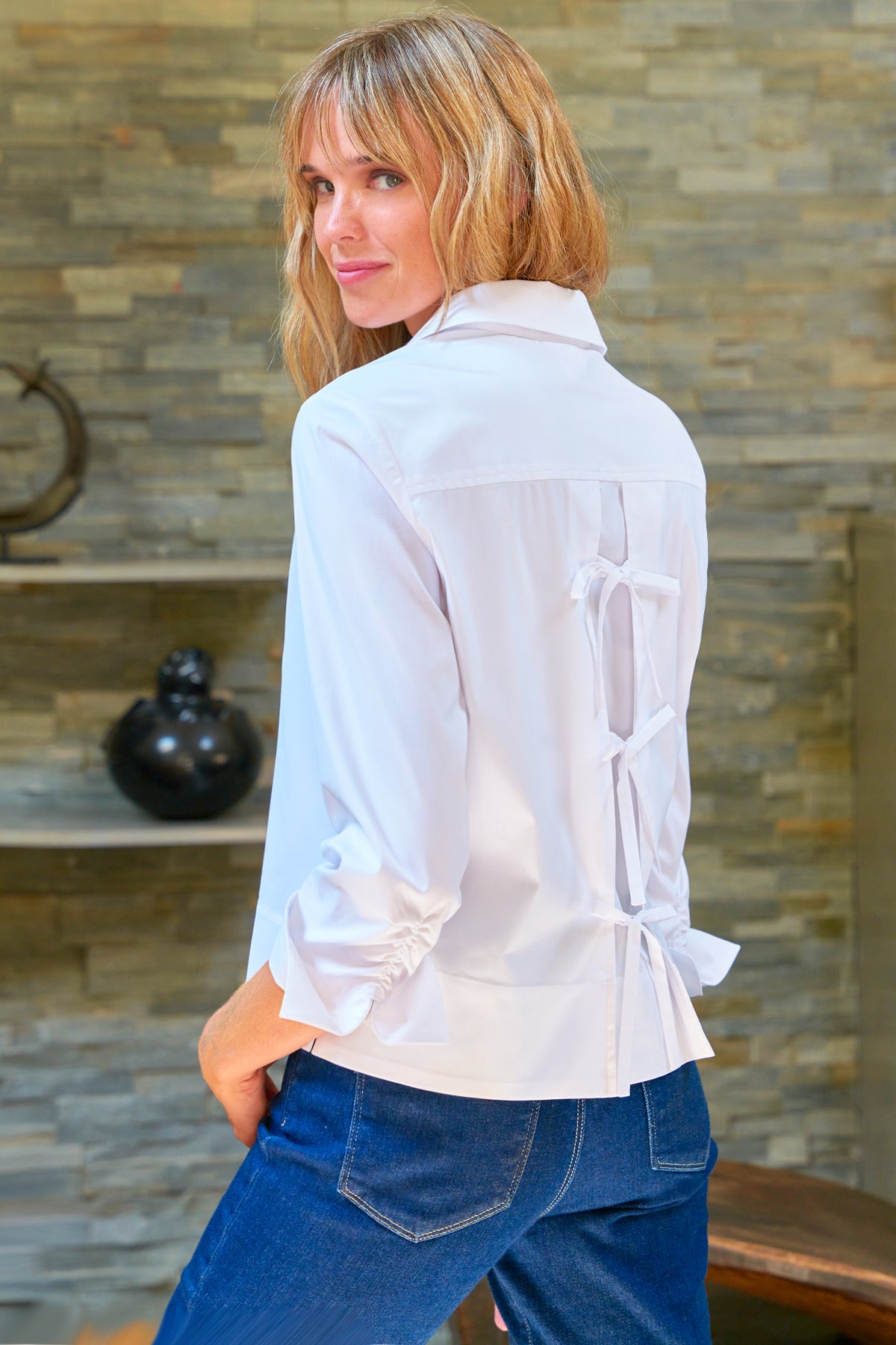 Eugenie Bow Back Shirt White Silky Poplin