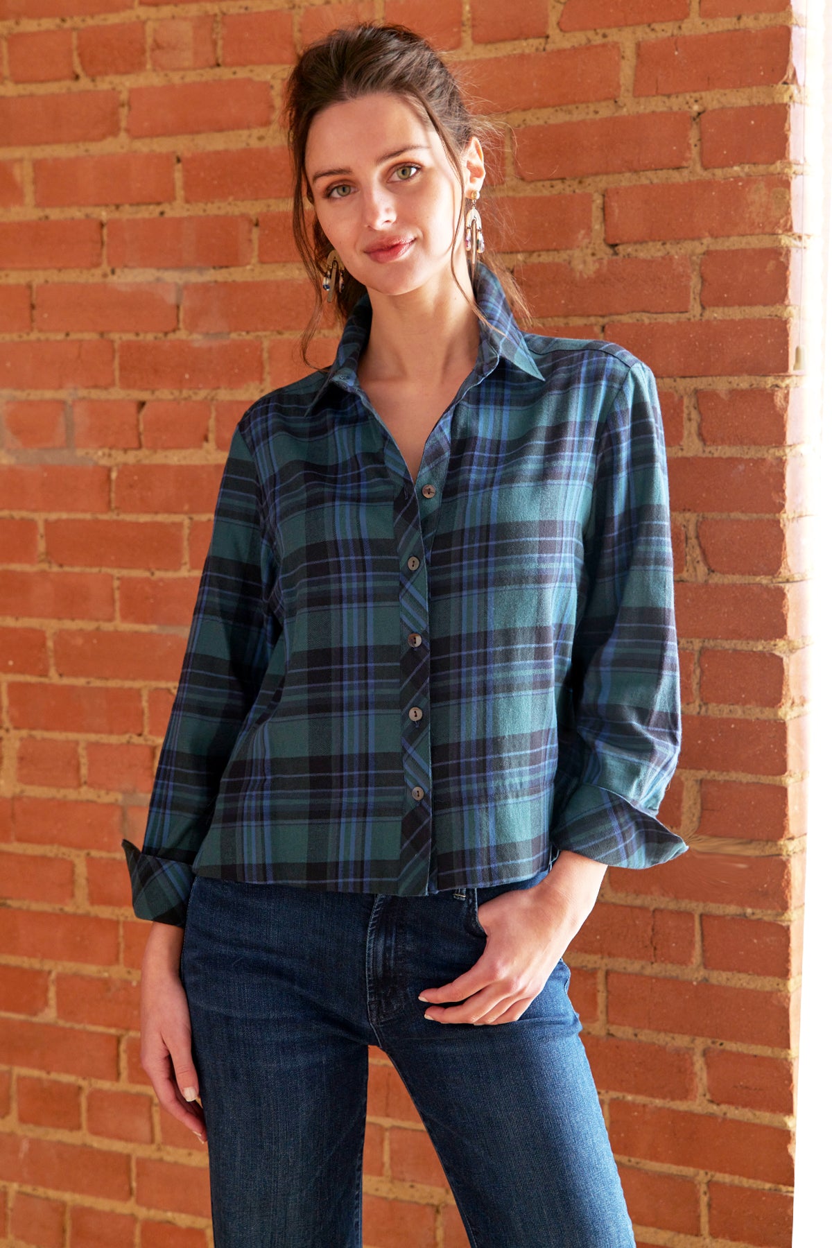 Eugenie Bow Back Shirt Teal Brushed Plaid