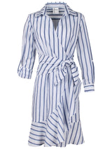 A front view of the Finley Farrah dress, a tie front cotton voile wrap maxi dress with a blue and white stripe/