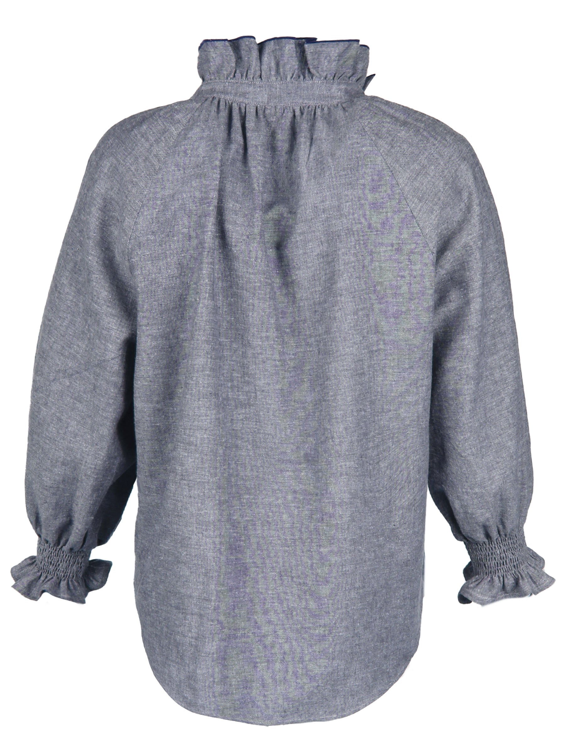 A front view of the Finley Fiona blouse, a blue & white striped linen button down blouse with long blouson sleeves and a ruffle collar accent.