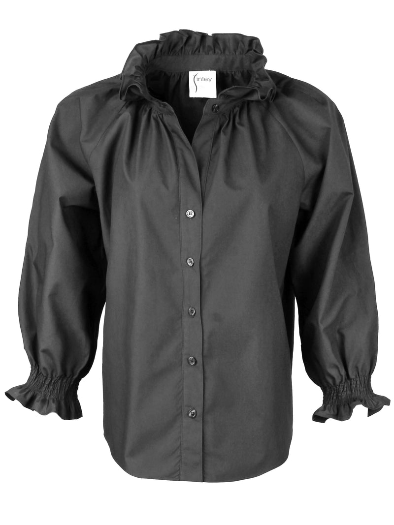 A front view of the Finley Fiona blouse, a black poplin button down blouse with long blouson sleeves and a ruffle collar accent.