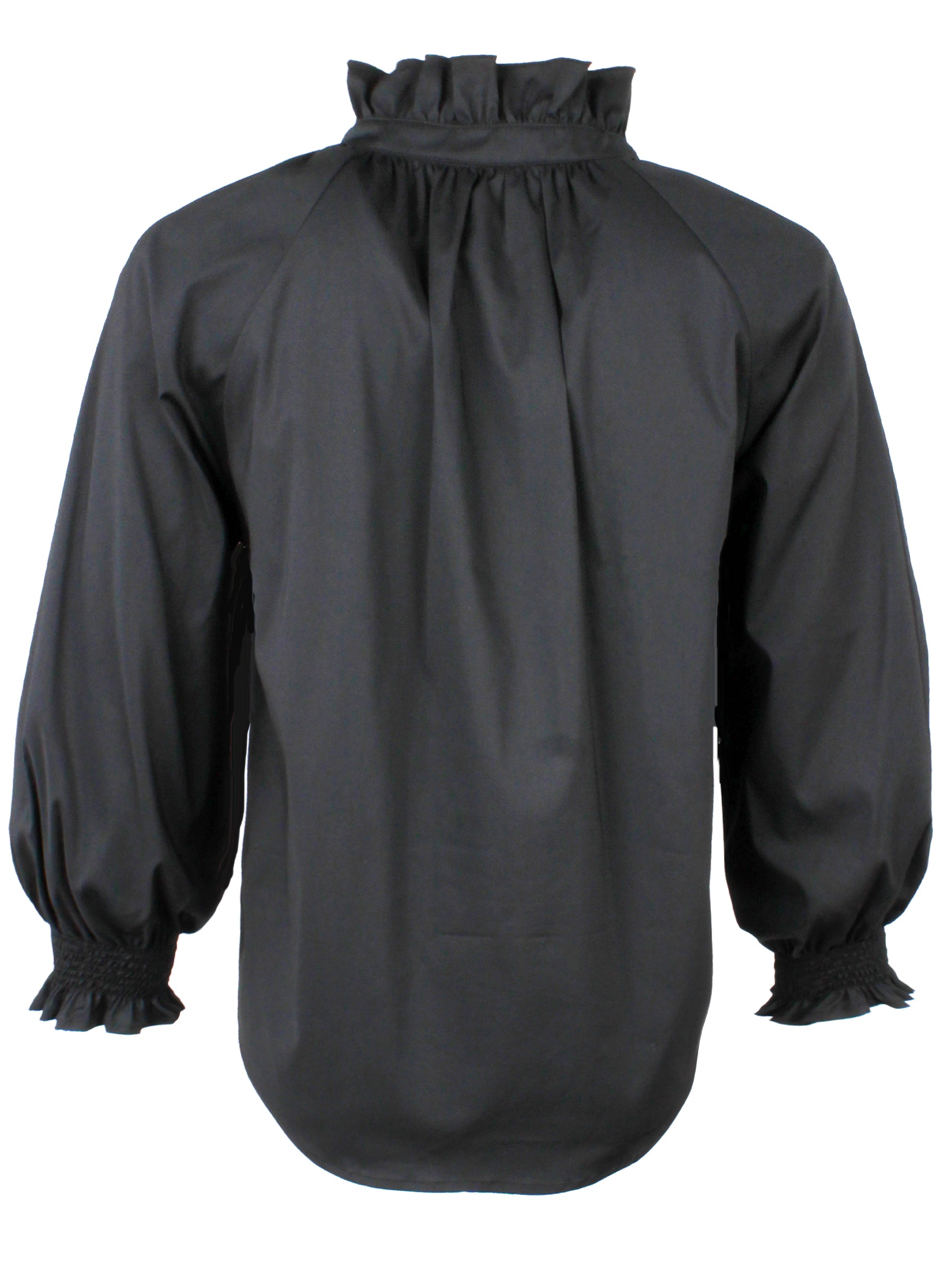 A rear view of the Finley Fiona blouse, a black poplin button down blouse with long blouson sleeves and a ruffle collar accent.