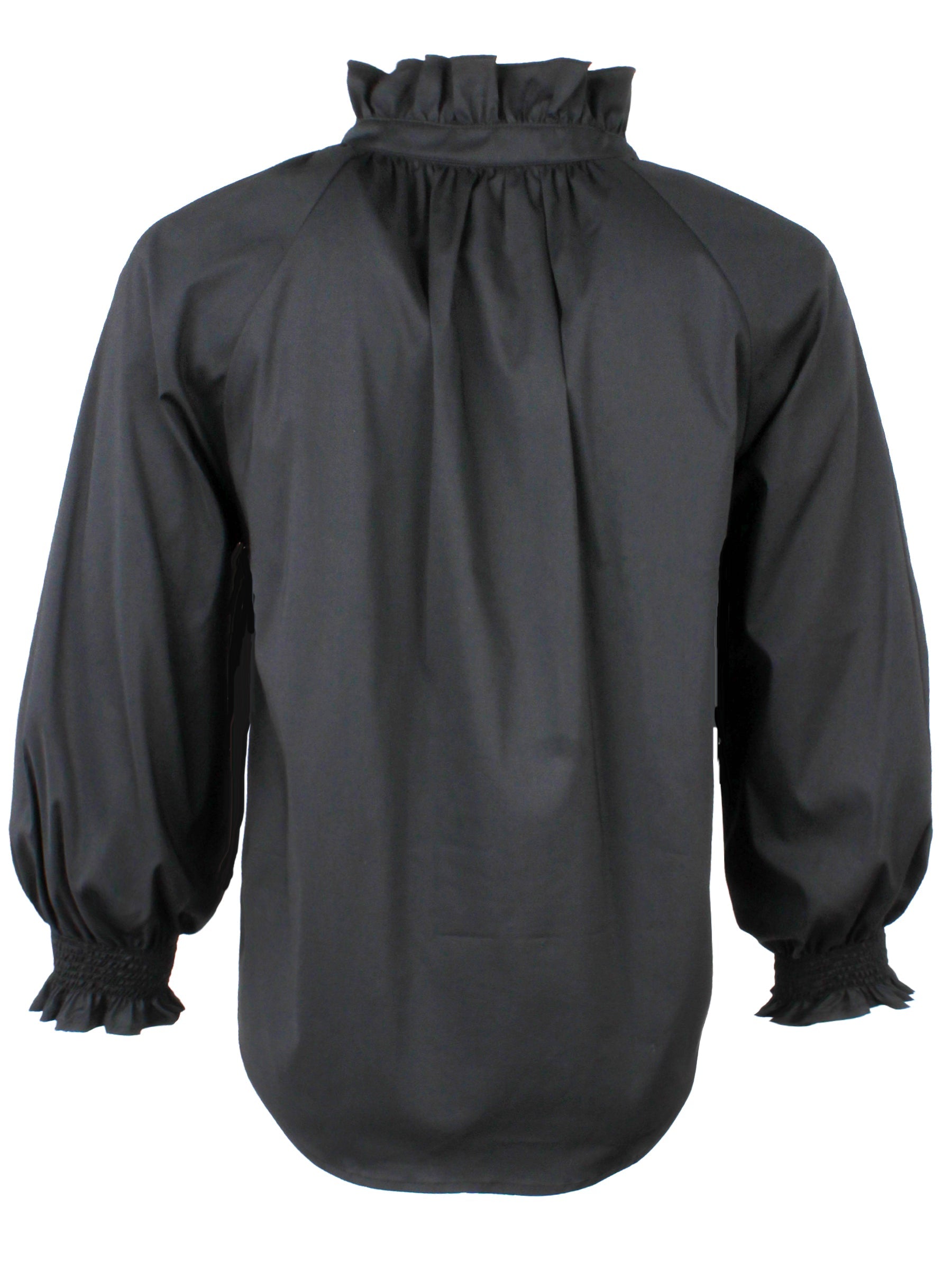 A rear view of the Finley Fiona blouse, a navy poplin button down blouse with long blouson sleeves and a ruffle collar accent.