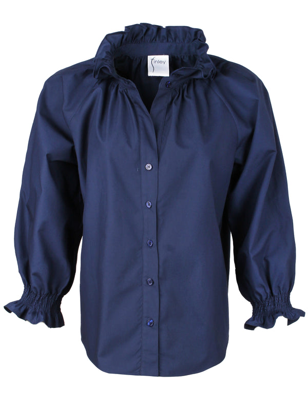 A front view of the Finley Fiona blouse, a navy poplin button down blouse with long blouson sleeves and a ruffle collar accent.
