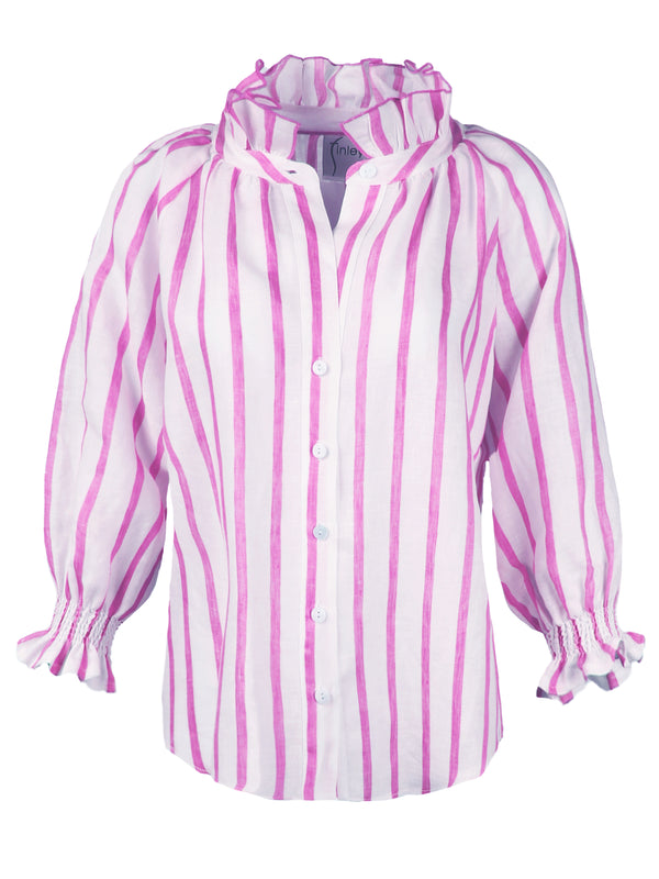 A front view of the Finley Fiona blouse, a pink & white striped linen button down blouse with long blouson sleeves and a ruffle collar accent.