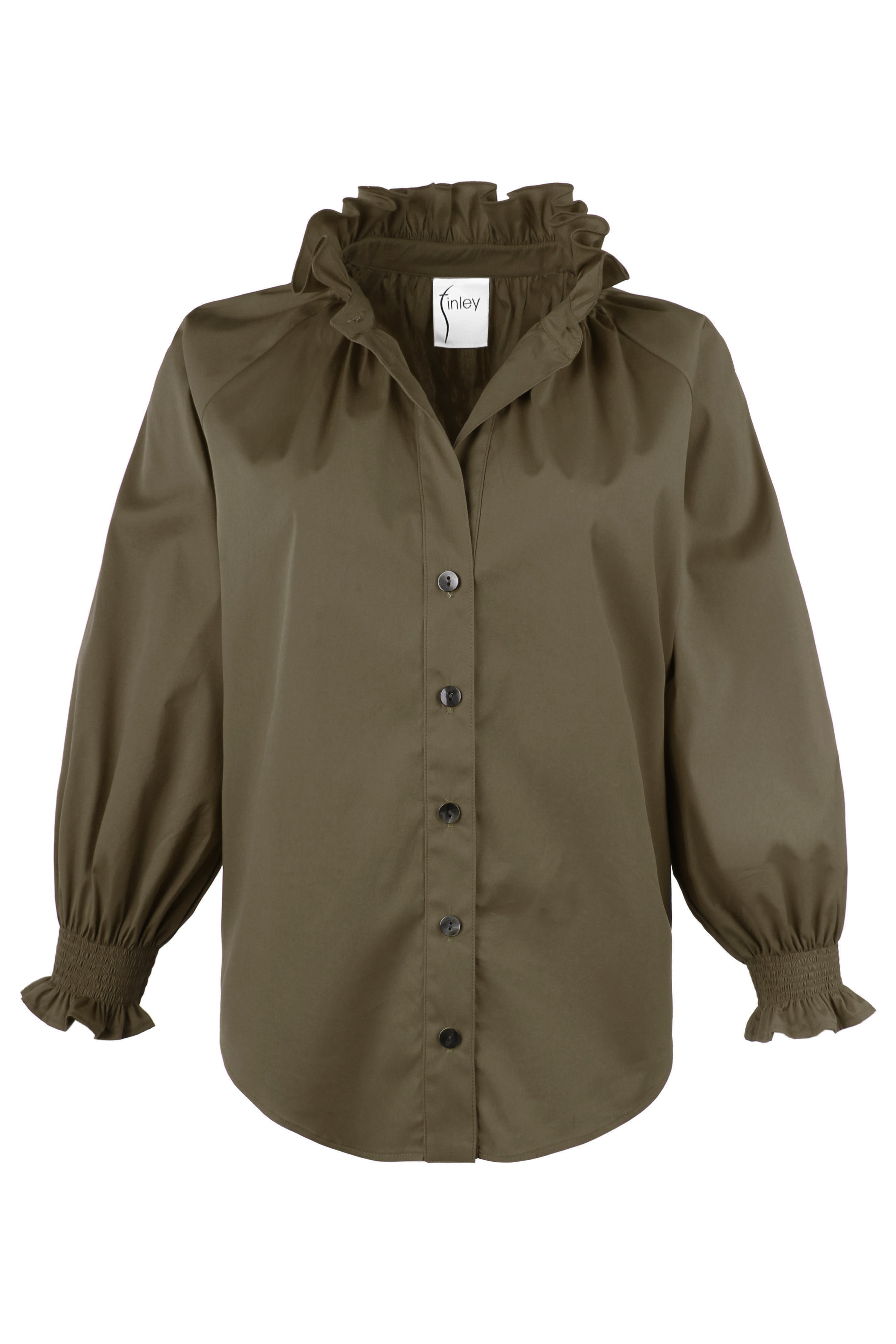 Fiona | Olive Poplin Ruffle Collar Blouson Sleeve Top | Finley Shirts