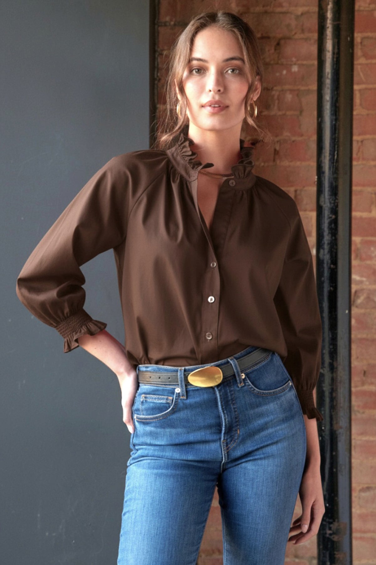 Fiona | Brown Poplin Ruffle Collar Blouson Sleeve Top | Finley Shirts